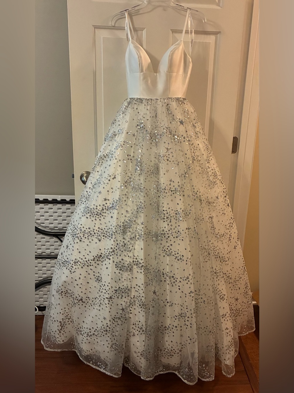 Sherri Hill White Ball Gown with Silver Sequin Embellishments